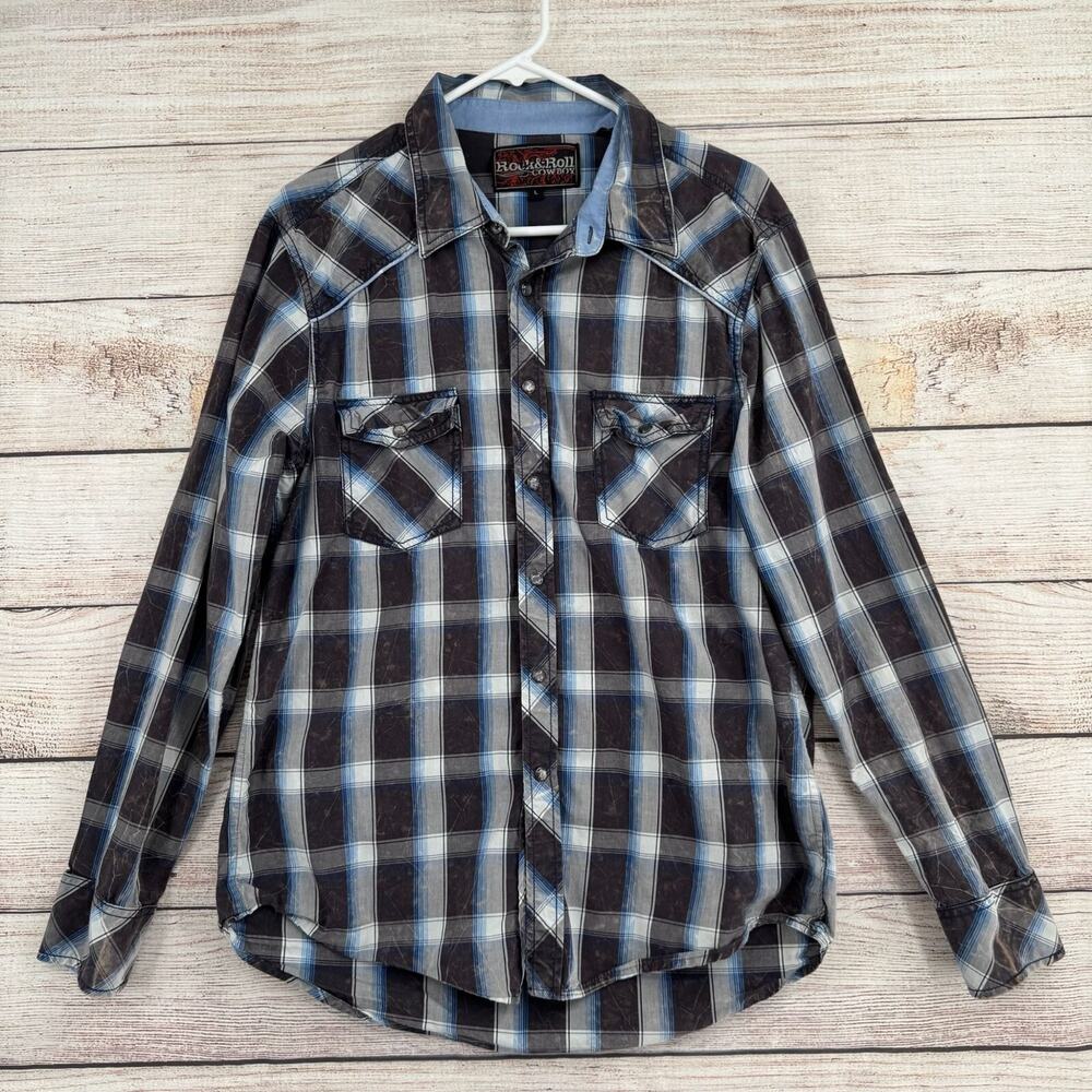 Vintage‎ Rock & Roll Cowboy Plaid Pearl Snap Shirt Men's Large Blue/Gray
